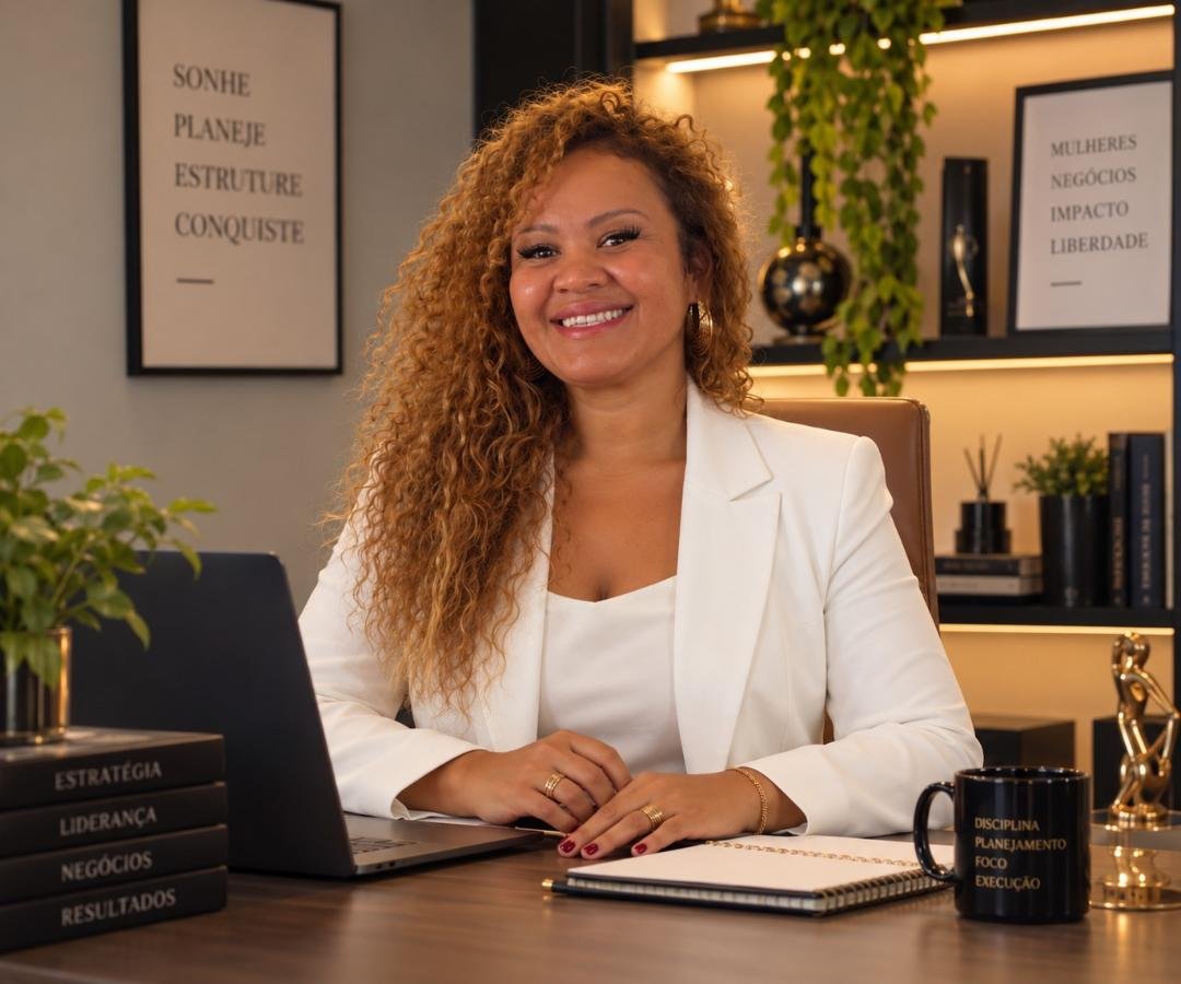 Karina Oliveira sentada à mesa de trabalho com blazer branco